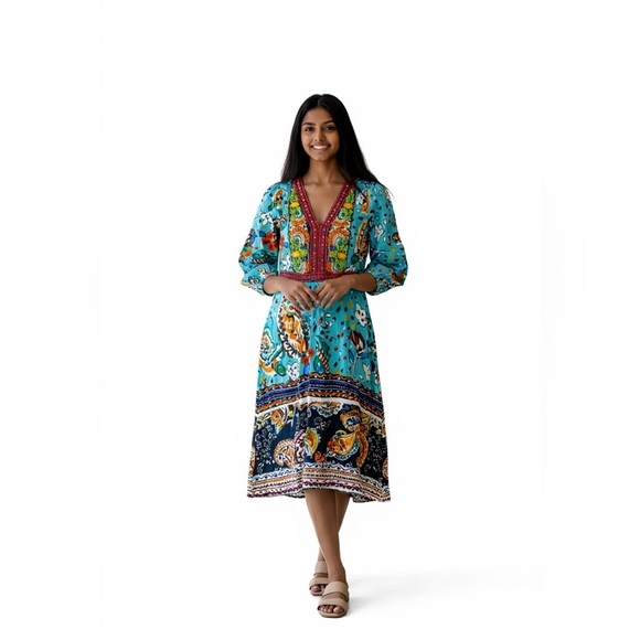 Anthropologie AKEMI +KIN Midi Dress, Beautiful Beadwork, Long Sleeve, V Neck - Picture 1 of 10